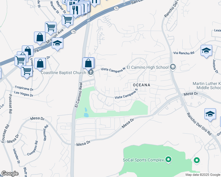 map of restaurants, bars, coffee shops, grocery stores, and more near 3760 Vista Campana South in Oceanside