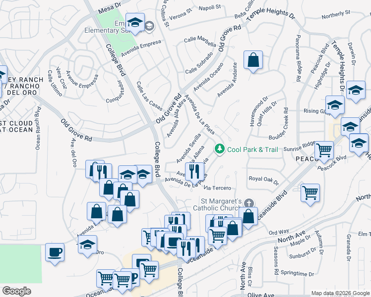 map of restaurants, bars, coffee shops, grocery stores, and more near 1771 Avenida Vista Labera in Oceanside