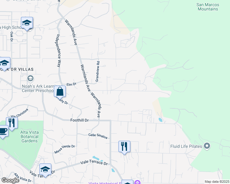 map of restaurants, bars, coffee shops, grocery stores, and more near 1917 Friendly Drive in Vista