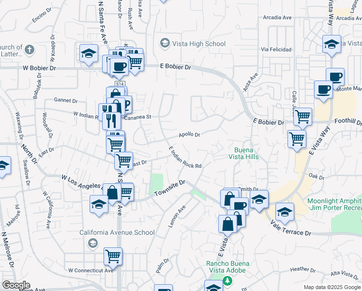 map of restaurants, bars, coffee shops, grocery stores, and more near 1244 Rhea Place in Vista