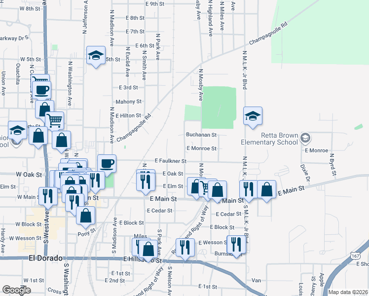 map of restaurants, bars, coffee shops, grocery stores, and more near 501 Stuart Avenue in El Dorado