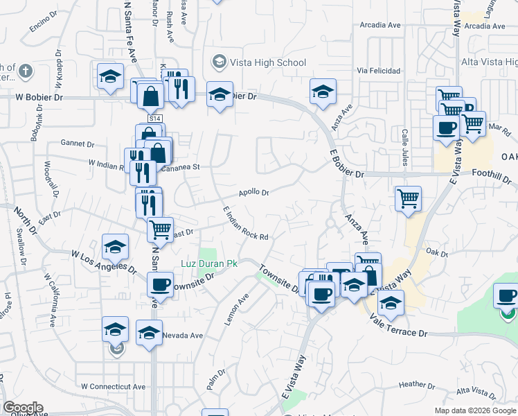 map of restaurants, bars, coffee shops, grocery stores, and more near 1255 Rhea Place in Vista