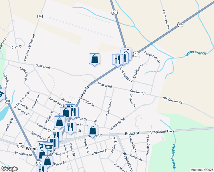map of restaurants, bars, coffee shops, grocery stores, and more near 321 Quaker Road in Wrens
