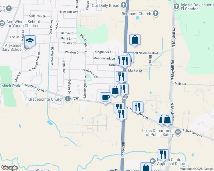 map of restaurants, bars, coffee shops, grocery stores, and more near 3418 Hummingbird Lane in Denton