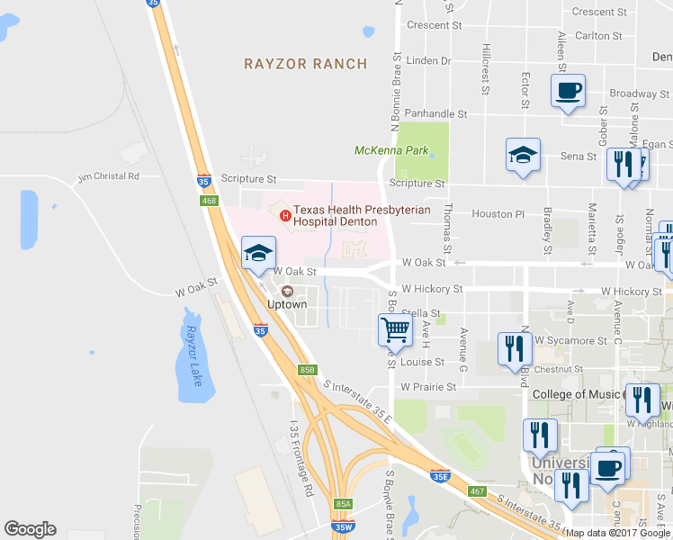 map of restaurants, bars, coffee shops, grocery stores, and more near 2444 W Oak St in Denton