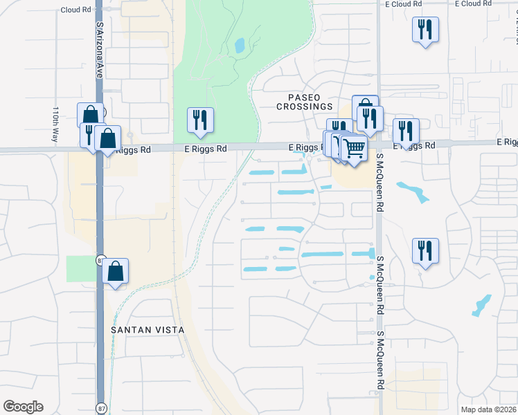 map of restaurants, bars, coffee shops, grocery stores, and more near 645 East Bellerive Place in Chandler