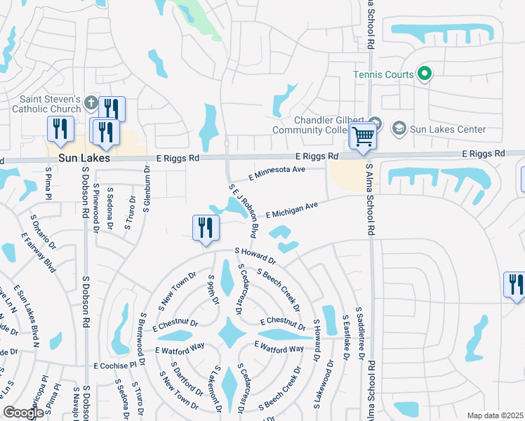 map of restaurants, bars, coffee shops, grocery stores, and more near 10002 East Michigan Avenue in Sun Lakes