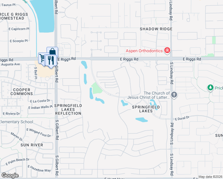 map of restaurants, bars, coffee shops, grocery stores, and more near 3446 East Waterview Drive in Chandler