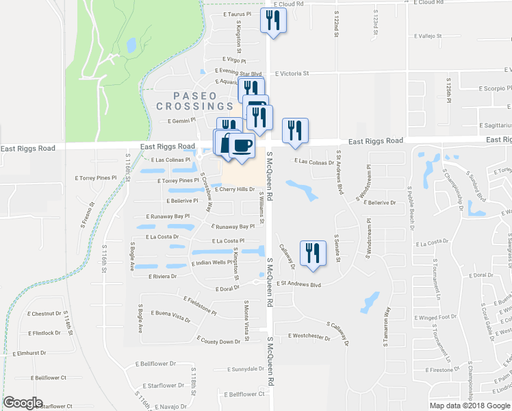 map of restaurants, bars, coffee shops, grocery stores, and more near 950 East Bellerive Place in Chandler