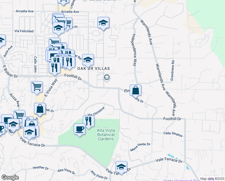 map of restaurants, bars, coffee shops, grocery stores, and more near in Vista