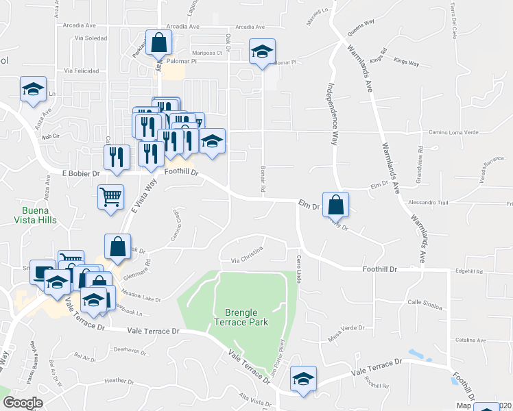 map of restaurants, bars, coffee shops, grocery stores, and more near 1360 Foothill Drive in Vista