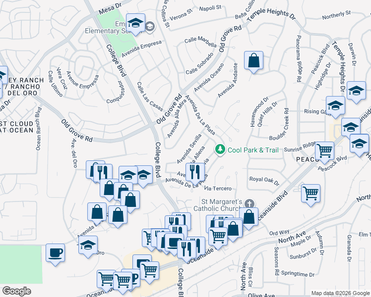 map of restaurants, bars, coffee shops, grocery stores, and more near 1771 Avenida Vista Labera in Oceanside