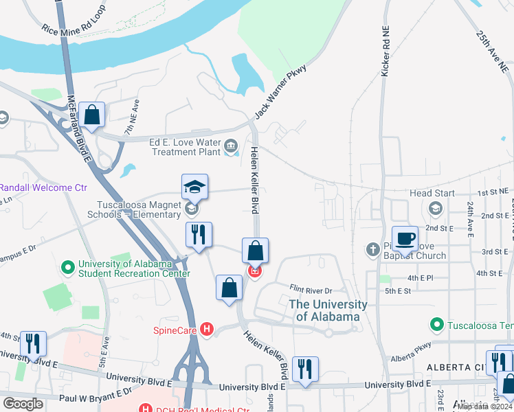 map of restaurants, bars, coffee shops, grocery stores, and more near in Tuscaloosa