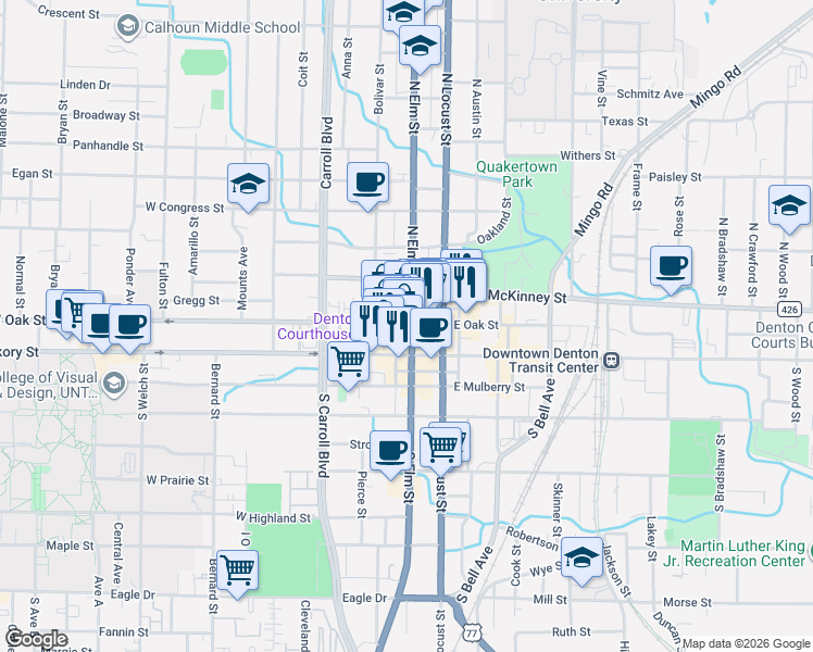 map of restaurants, bars, coffee shops, grocery stores, and more near 205 North Elm Street in Denton