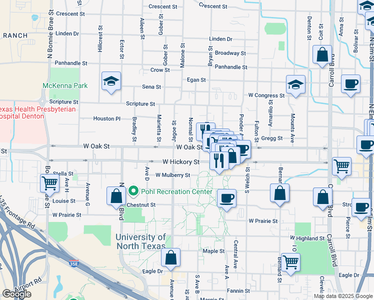 map of restaurants, bars, coffee shops, grocery stores, and more near 204 Normal Street in Denton
