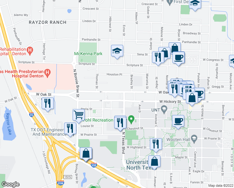 map of restaurants, bars, coffee shops, grocery stores, and more near 2200 West Oak Street in Denton