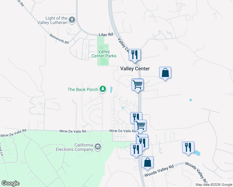 map of restaurants, bars, coffee shops, grocery stores, and more near 27830 Silo Lane in Valley Center