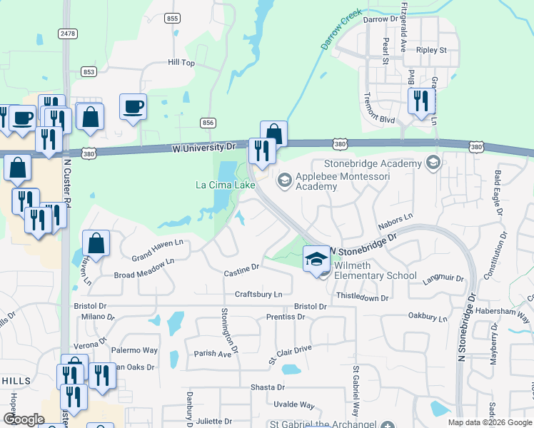 map of restaurants, bars, coffee shops, grocery stores, and more near 1806 North Stonebridge Drive in McKinney