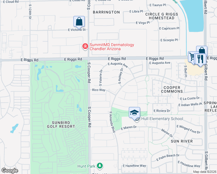 map of restaurants, bars, coffee shops, grocery stores, and more near 2151 East Bellerive Place in Chandler