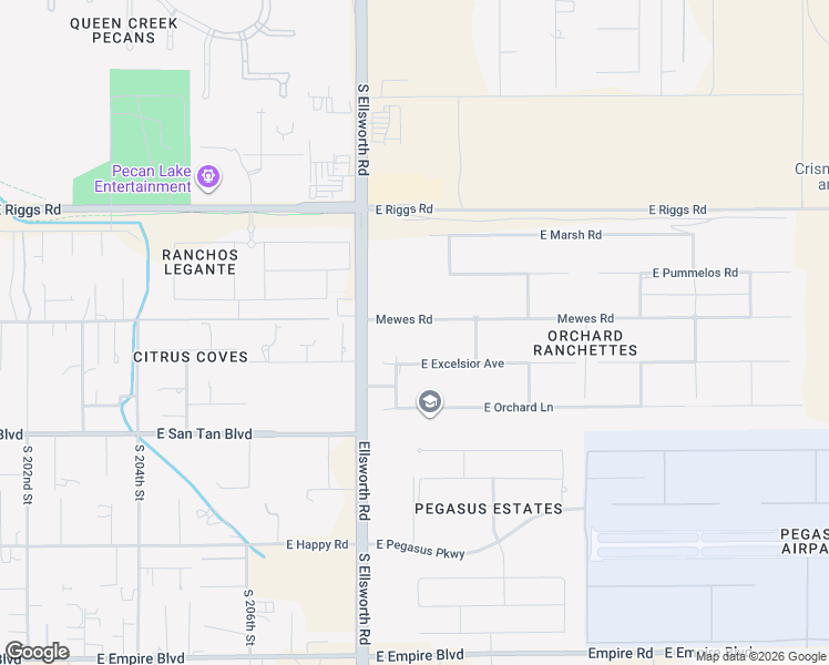 map of restaurants, bars, coffee shops, grocery stores, and more near 20856 East Mewes Road in Queen Creek