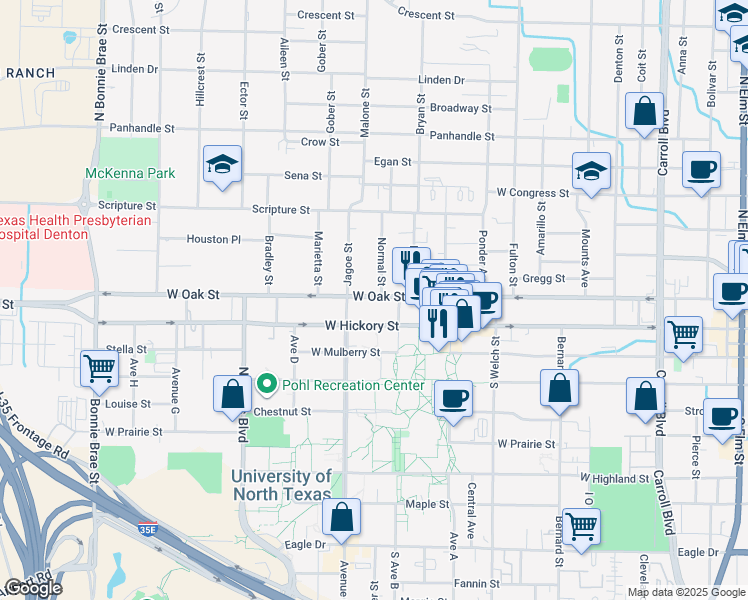 map of restaurants, bars, coffee shops, grocery stores, and more near 204 Normal Street in Denton