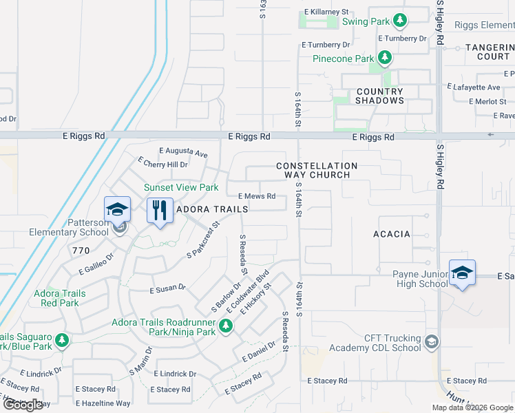 map of restaurants, bars, coffee shops, grocery stores, and more near 2685 East Mews Road in Gilbert