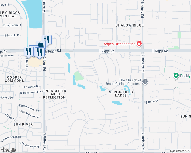 map of restaurants, bars, coffee shops, grocery stores, and more near 3497 East Waterview Drive in Chandler