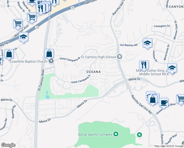 map of restaurants, bars, coffee shops, grocery stores, and more near 3839 Vista Campana South in Oceanside
