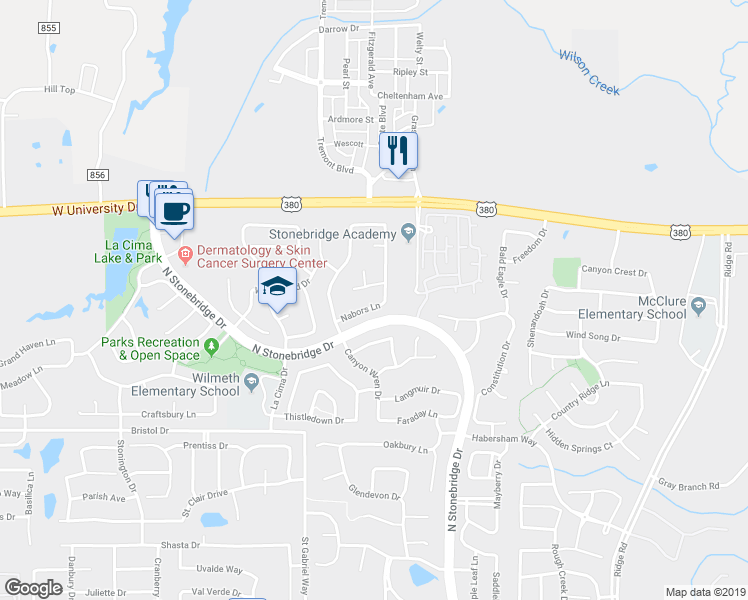 map of restaurants, bars, coffee shops, grocery stores, and more near 7304 Nabors Lane in McKinney