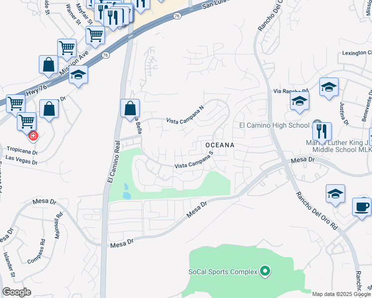 map of restaurants, bars, coffee shops, grocery stores, and more near 3760 Vista Campana South in Oceanside