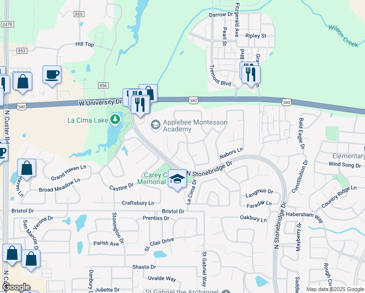map of restaurants, bars, coffee shops, grocery stores, and more near 7803 Willow Bend Court in McKinney