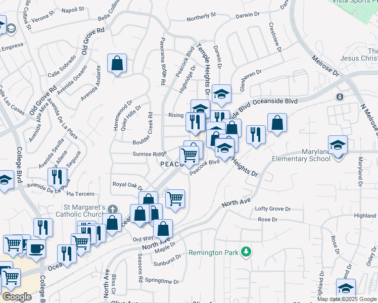 map of restaurants, bars, coffee shops, grocery stores, and more near 4746 Sunrise Ridge in Oceanside