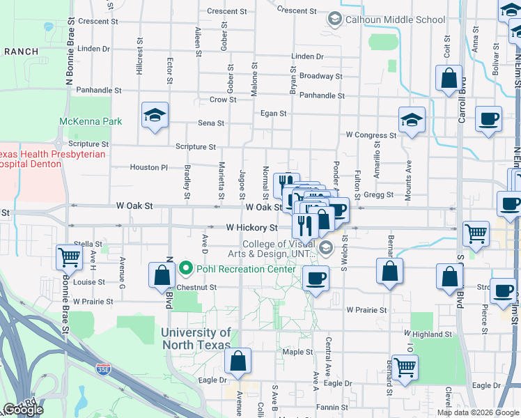 map of restaurants, bars, coffee shops, grocery stores, and more near 204 Normal Street in Denton