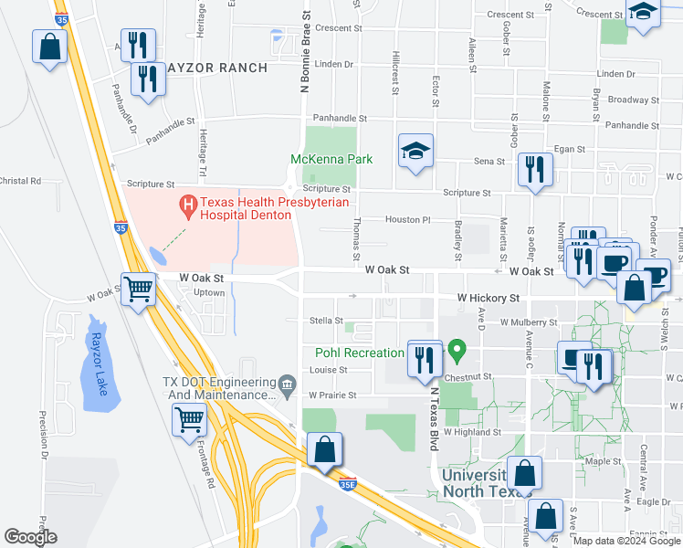 map of restaurants, bars, coffee shops, grocery stores, and more near 2266 West Oak Street in Denton