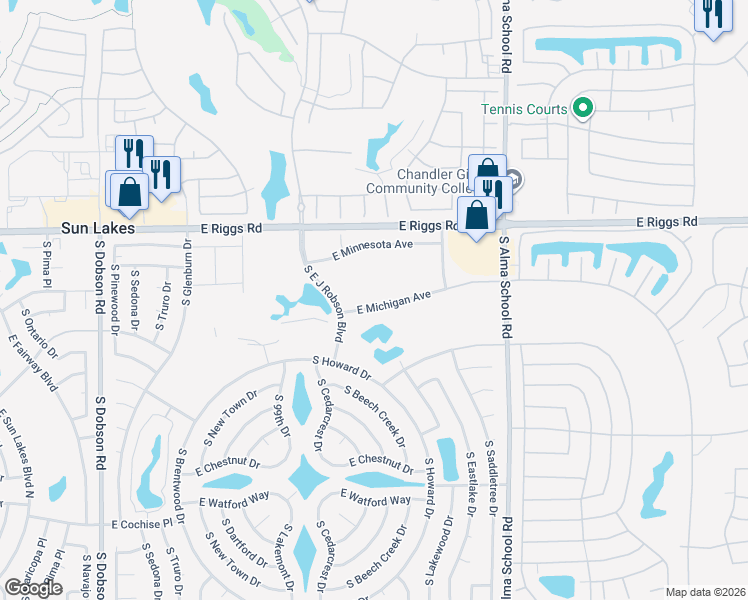 map of restaurants, bars, coffee shops, grocery stores, and more near 10112 East Michigan Avenue in Sun Lakes