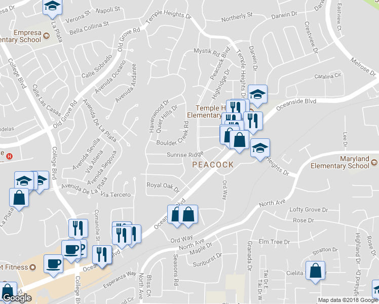 map of restaurants, bars, coffee shops, grocery stores, and more near 4598 Sunrise Ridge in Oceanside