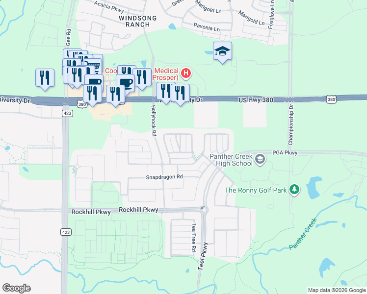 map of restaurants, bars, coffee shops, grocery stores, and more near 16604 Indiangrass Road in Frisco
