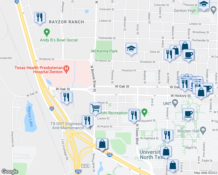 map of restaurants, bars, coffee shops, grocery stores, and more near 2266 West Oak Street in Denton