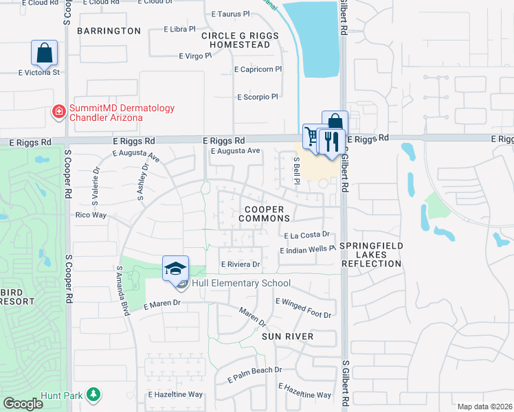 map of restaurants, bars, coffee shops, grocery stores, and more near 2680 East Waterview Court in Chandler