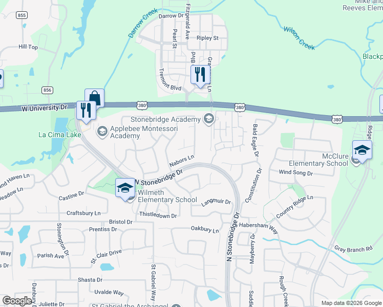 map of restaurants, bars, coffee shops, grocery stores, and more near 7309 Braemar Terrace in McKinney