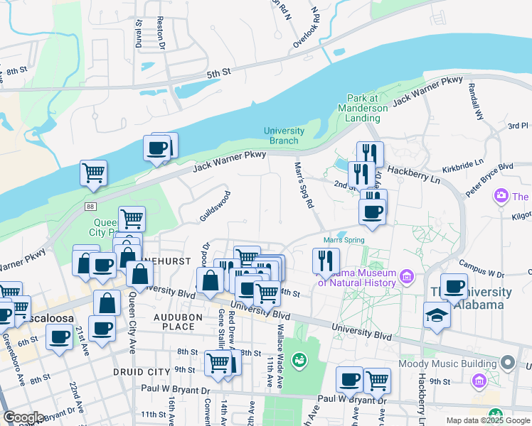 map of restaurants, bars, coffee shops, grocery stores, and more near 48 Sherwood Drive in Tuscaloosa