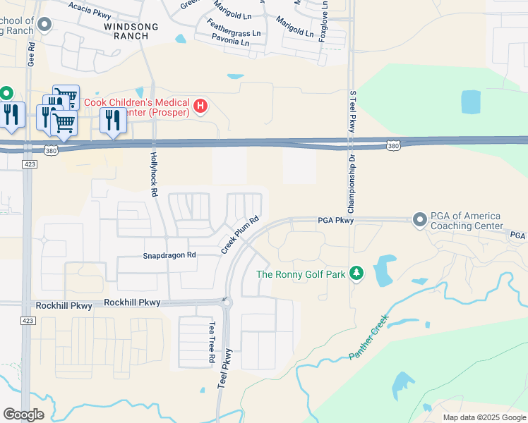 map of restaurants, bars, coffee shops, grocery stores, and more near 16650 Nightshade Road in Frisco