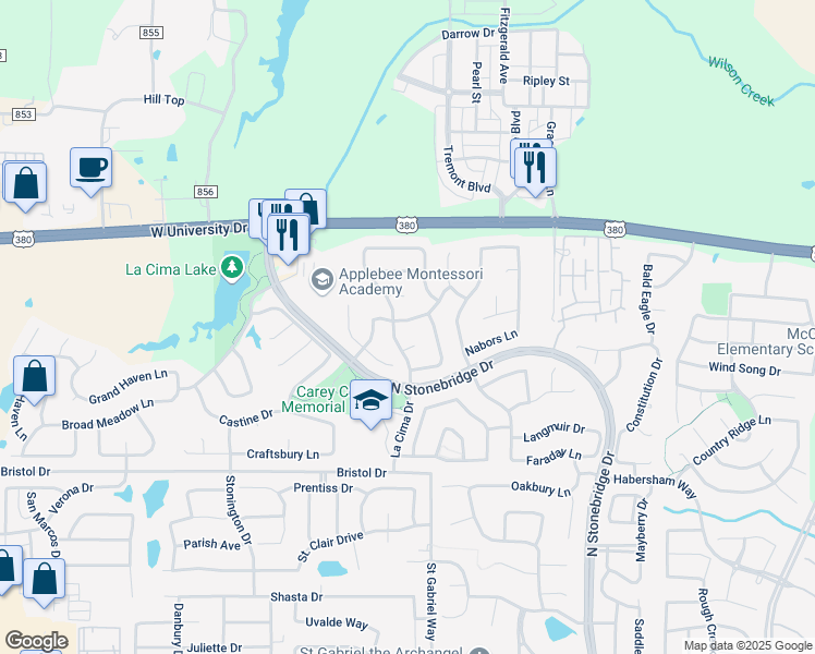 map of restaurants, bars, coffee shops, grocery stores, and more near 7803 Willow Bend Court in McKinney