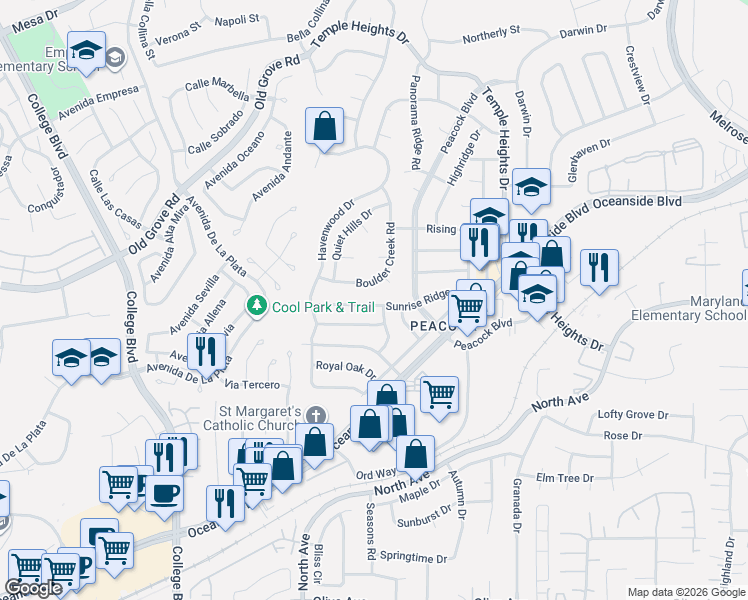 map of restaurants, bars, coffee shops, grocery stores, and more near 4615 Bristlecone Court in Oceanside