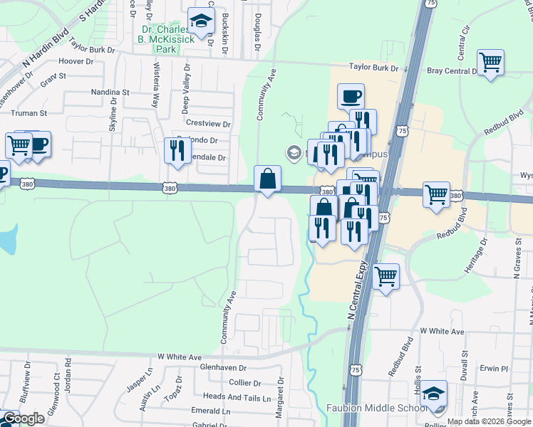 map of restaurants, bars, coffee shops, grocery stores, and more near 2285 West University Drive in McKinney