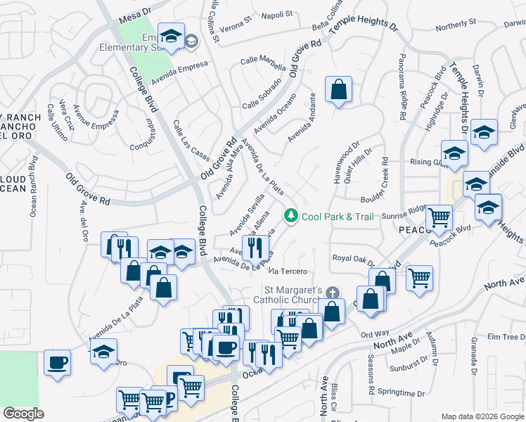 map of restaurants, bars, coffee shops, grocery stores, and more near 1752 Via Allena in Oceanside
