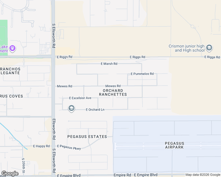 map of restaurants, bars, coffee shops, grocery stores, and more near 21151 East Mewes Road in Queen Creek