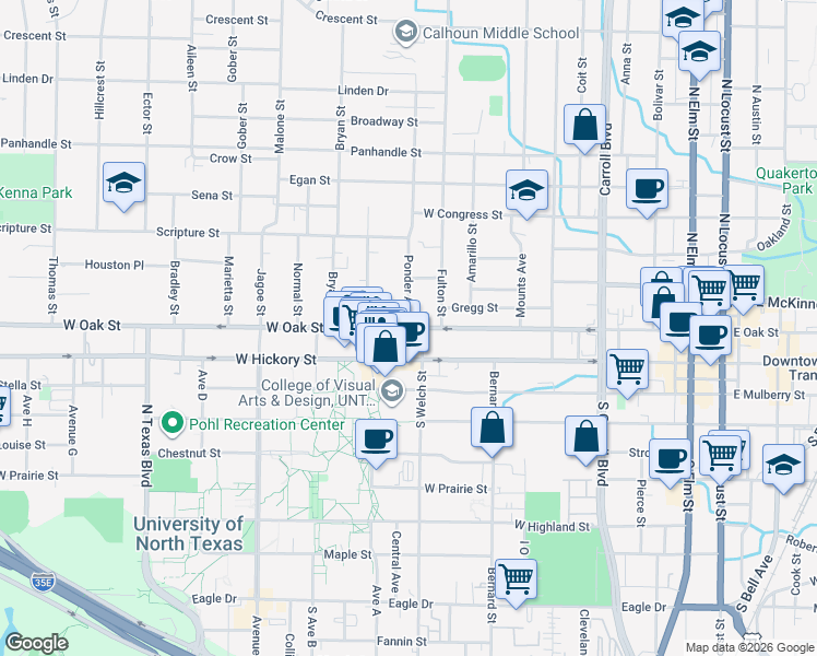 map of restaurants, bars, coffee shops, grocery stores, and more near 1106 West Oak Street in Denton