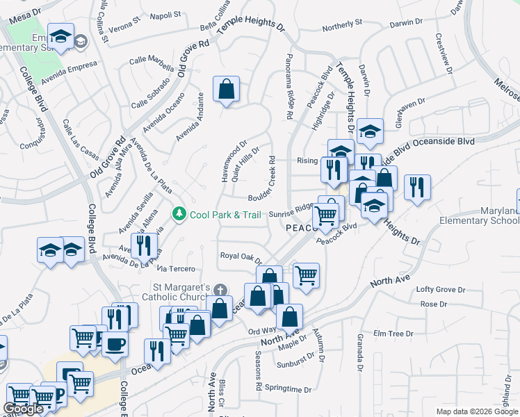 map of restaurants, bars, coffee shops, grocery stores, and more near 4615 Bristlecone Court in Oceanside