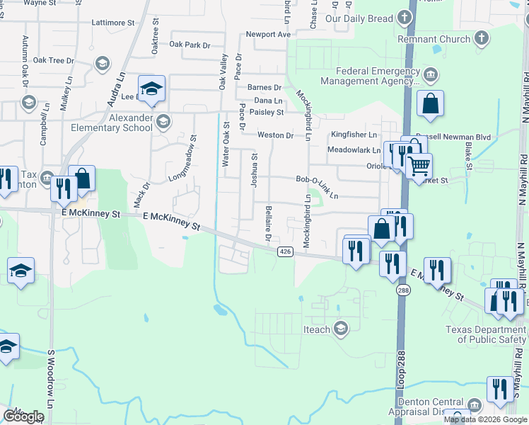 map of restaurants, bars, coffee shops, grocery stores, and more near 144 Joshua Street in Denton